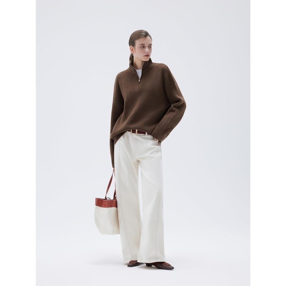 Women Brown Oversized Cashmere Collared Ribbed Long Sleeve Sweater - Picture 2 of 7